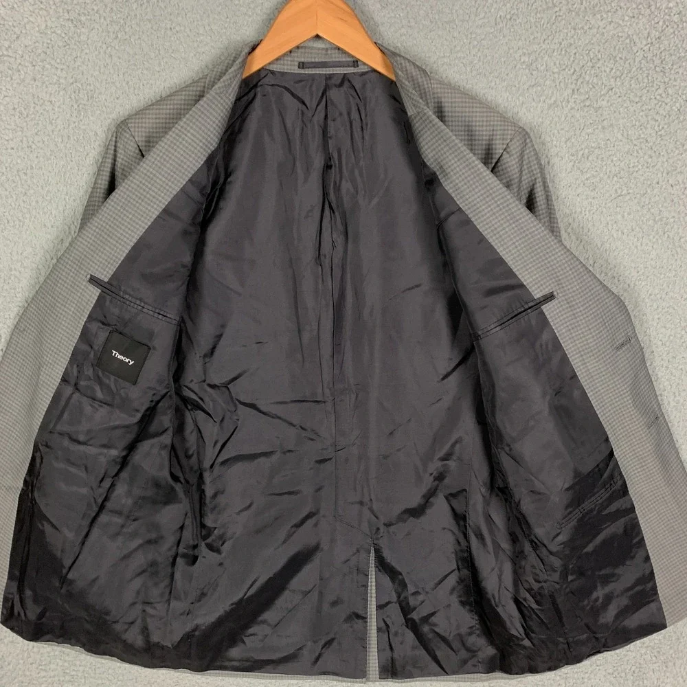 Theory Chambers Blazer 40L Gray Gingham Slim‎ Tailored Wool Sport Coat Jacket